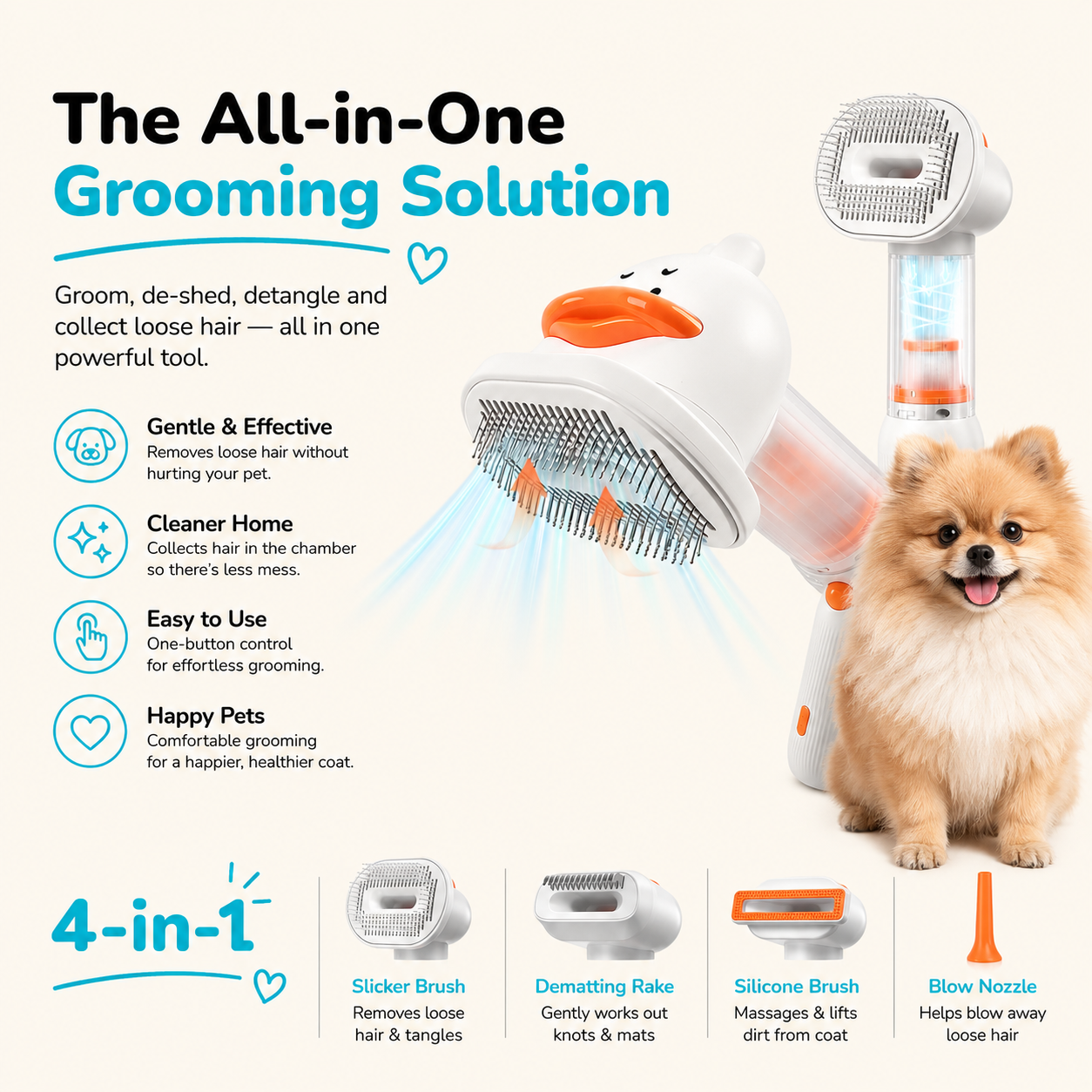 4-in-1 Deshedding Grooming Brush with Hair Collection Chamber
