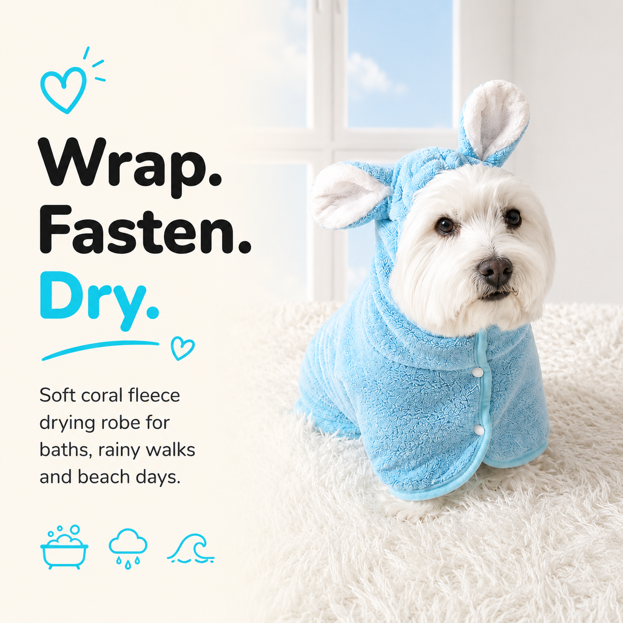 Dog Drying Robe — Coral Fleece with Rabbit Ears