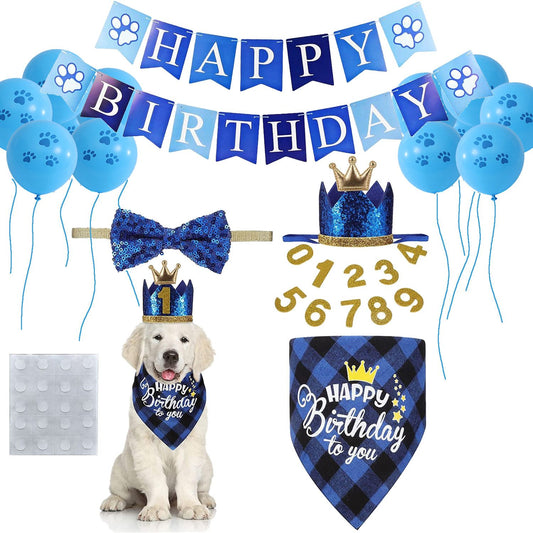 Pet Birthday Party Kit — Bandana, Hat, Bow Tie, Balloons & Banner (Blue)