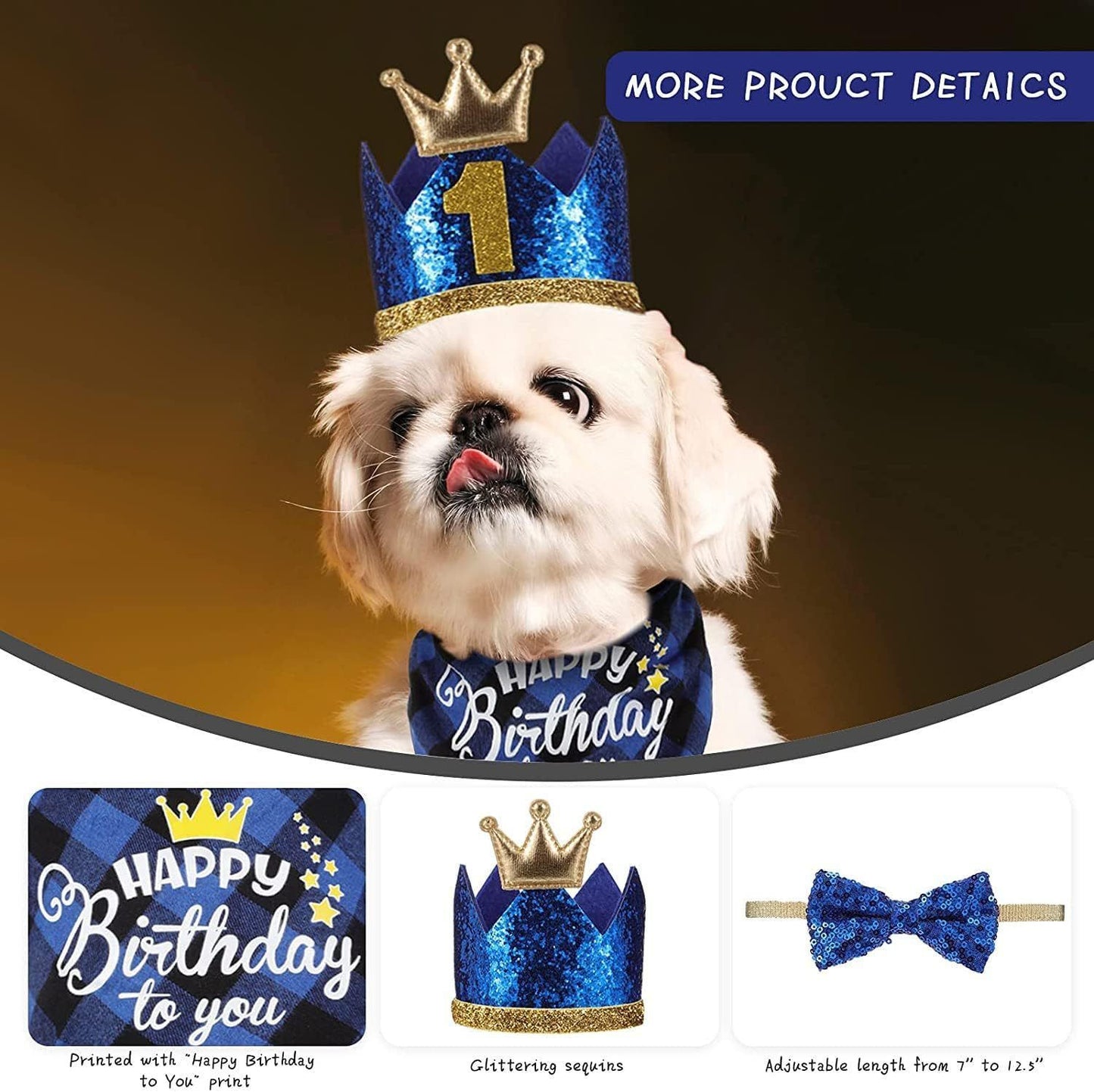Pet Birthday Party Kit — Bandana, Hat, Bow Tie, Balloons & Banner (Blue)