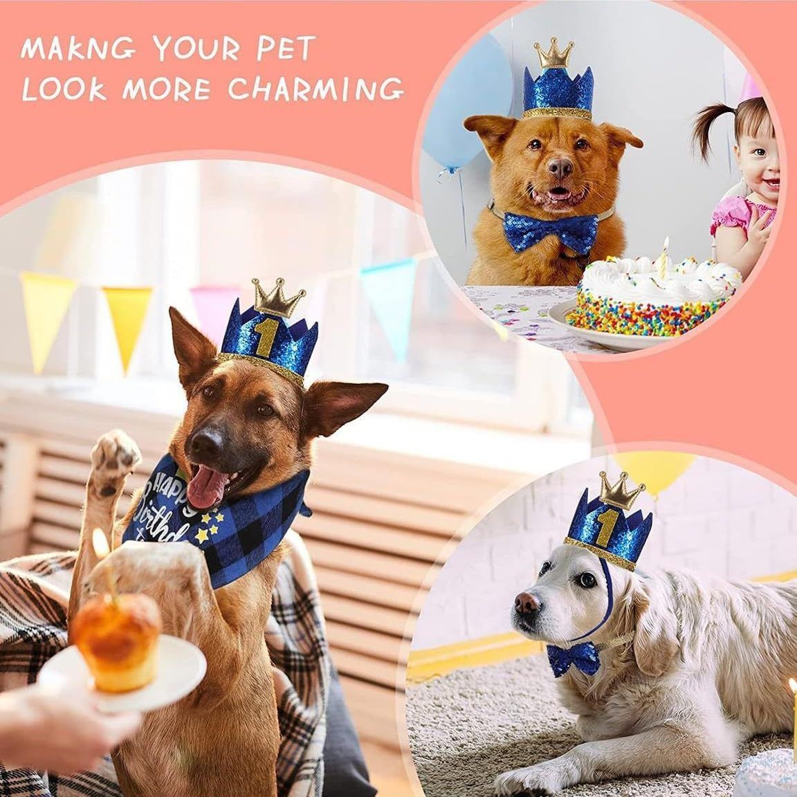 Pet Birthday Party Kit — Bandana, Hat, Bow Tie, Balloons & Banner (Blue)