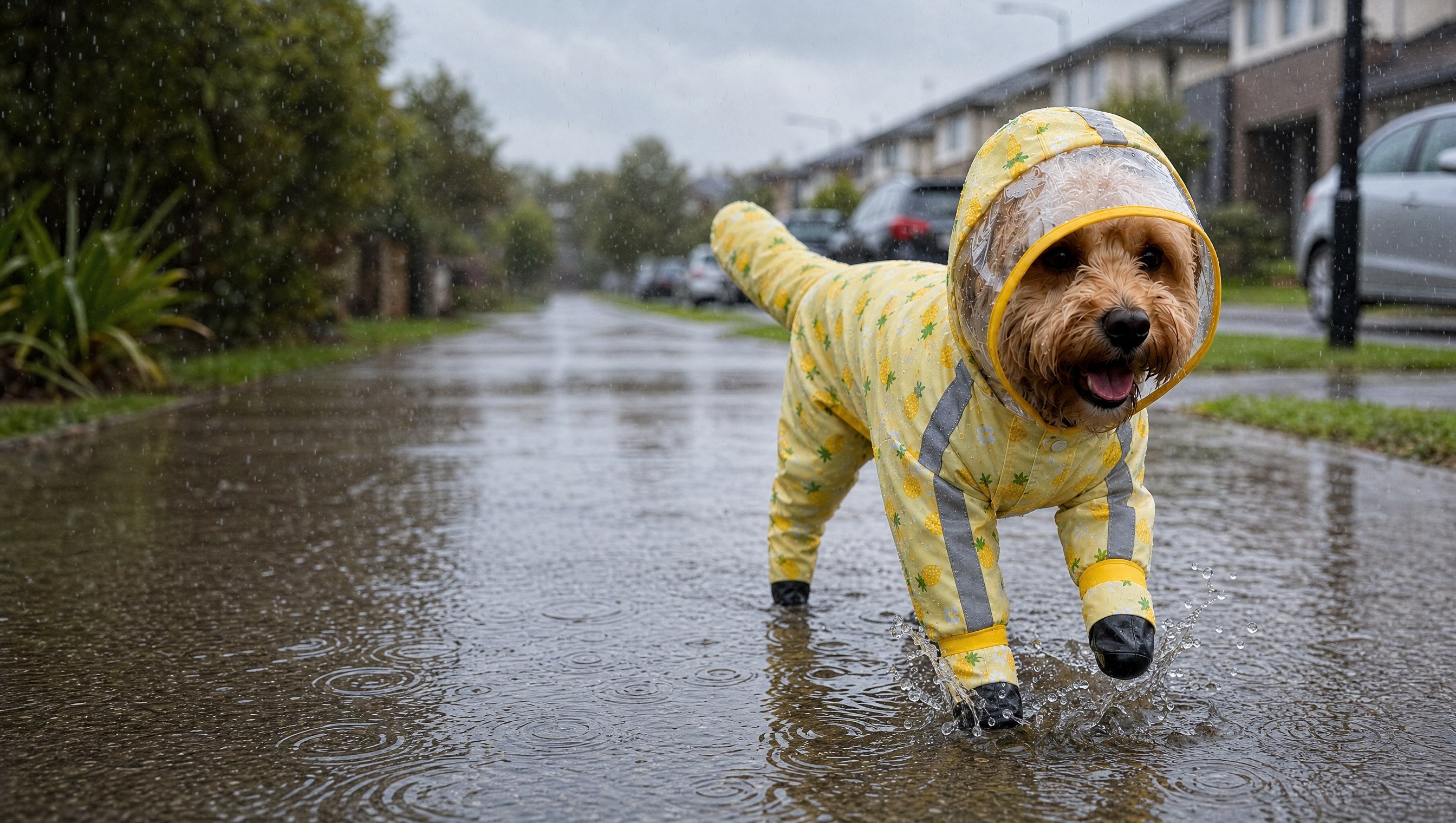 Cavoodle in pineapple-print full-cover dog raincoat trotting through a puddle on a rainy suburban footpath