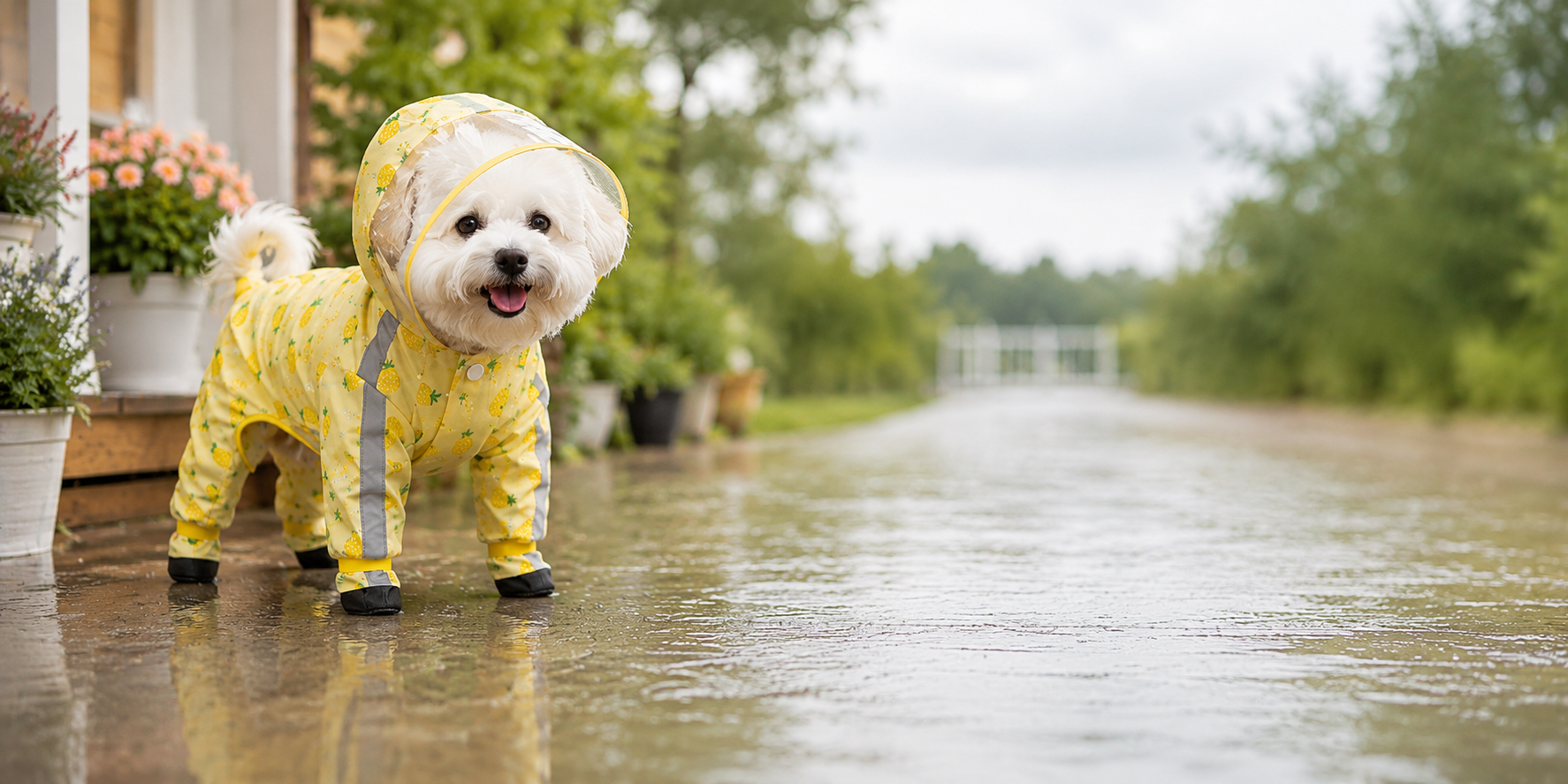 Small white dog in a yellow pineapple raincoat standing on a rainy garden path