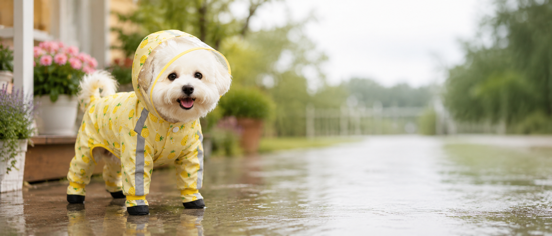 White dog wearing pineapple print raincoat — Bubblegum Co. Pets hero image