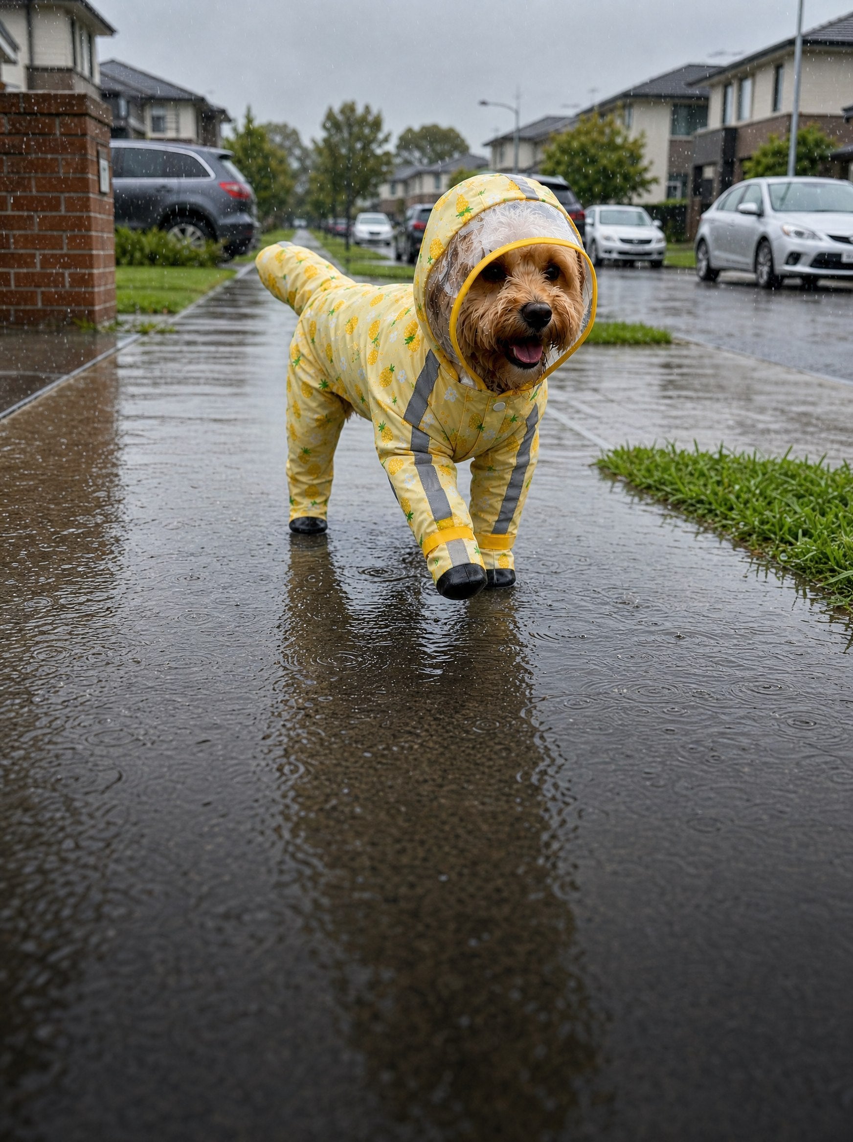 Cavoodle in pineapple-print full-cover dog raincoat on a rainy footpath, dark wet pavement below