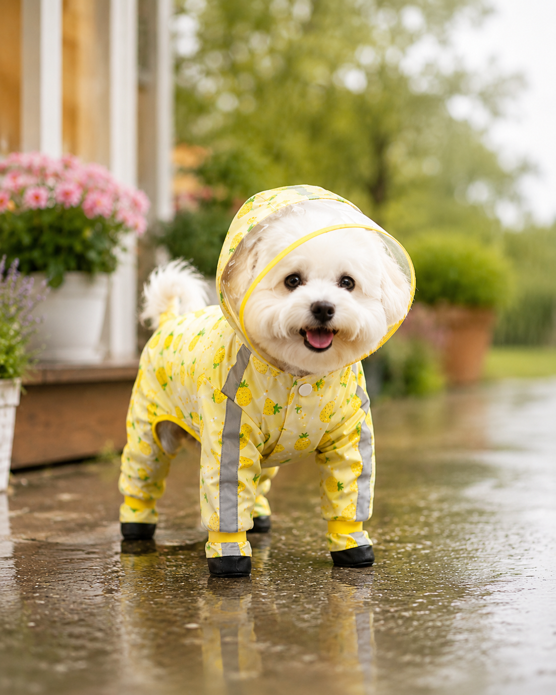 Small white dog in a yellow pineapple raincoat smiling in the rain
