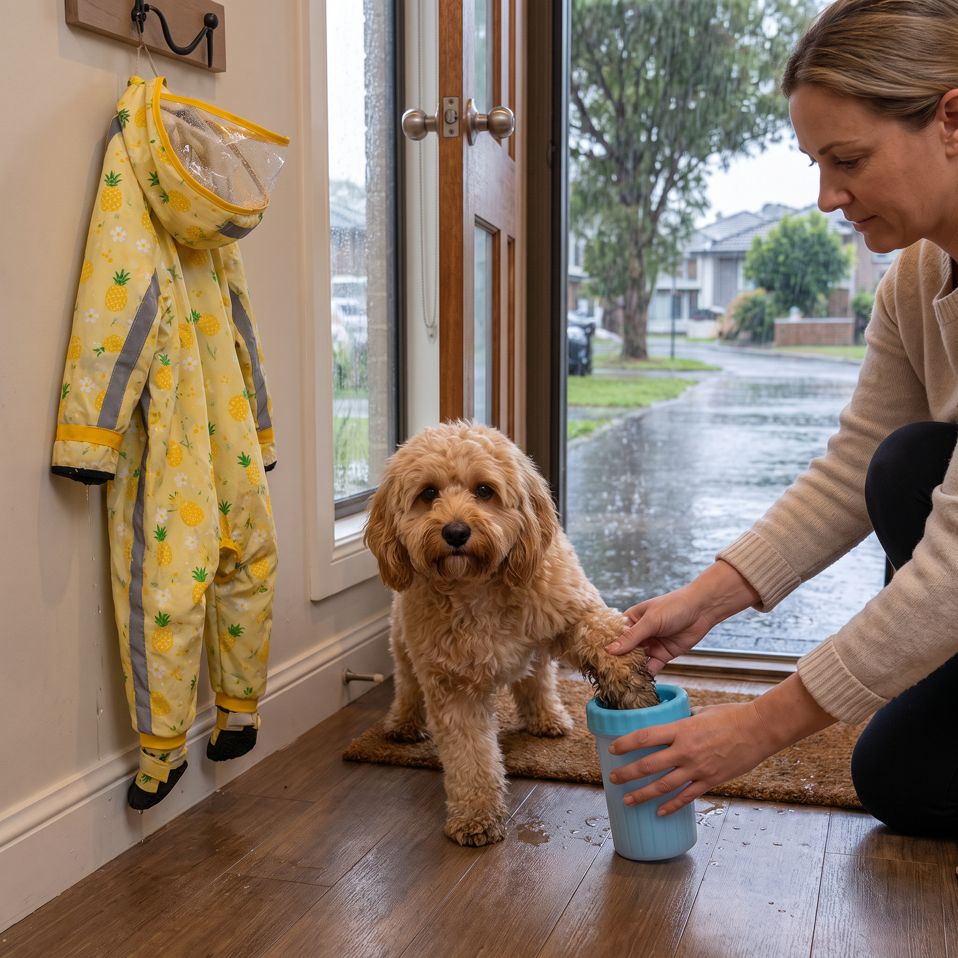 Bundle hero — raincoat hanging on the hook, blue paw cleaner cup in use in the same entryway