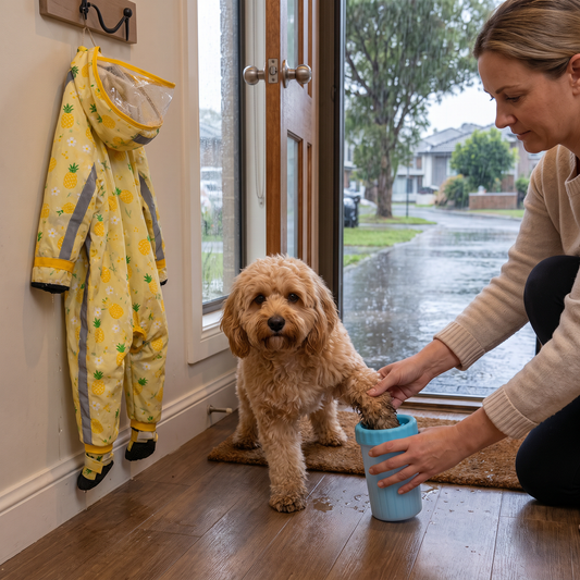 Bundle hero — raincoat hanging on the hook, blue paw cleaner cup in use in the same entryway