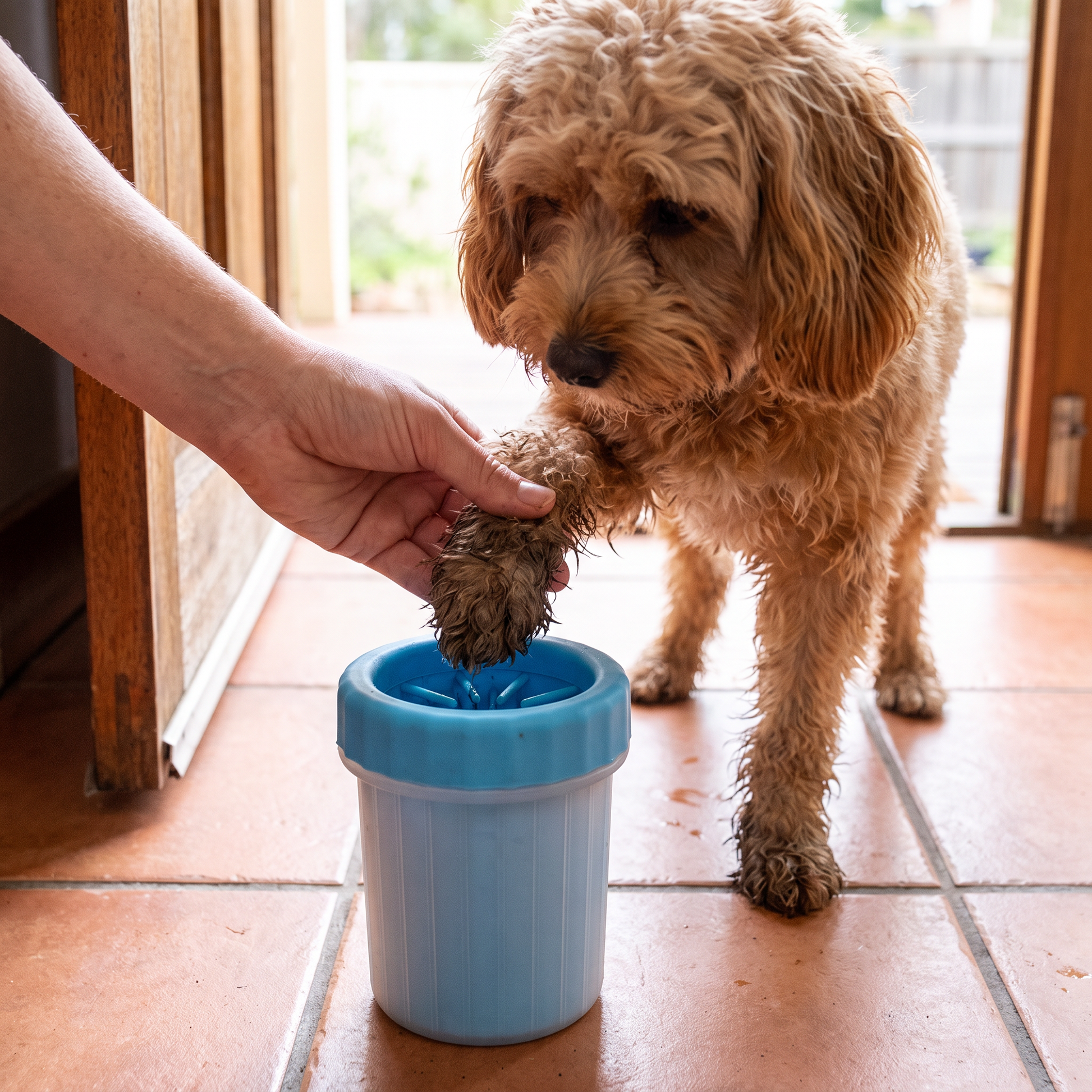 Muddy paw going into the blue portable paw cleaner cup