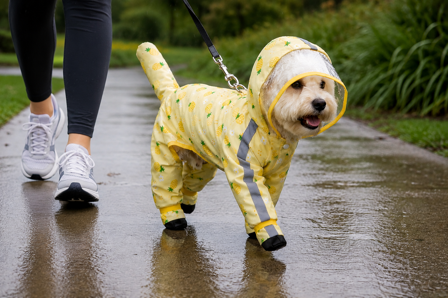 Small dog walking happily on a wet path in light rain wearing the bright pineapple raincoat