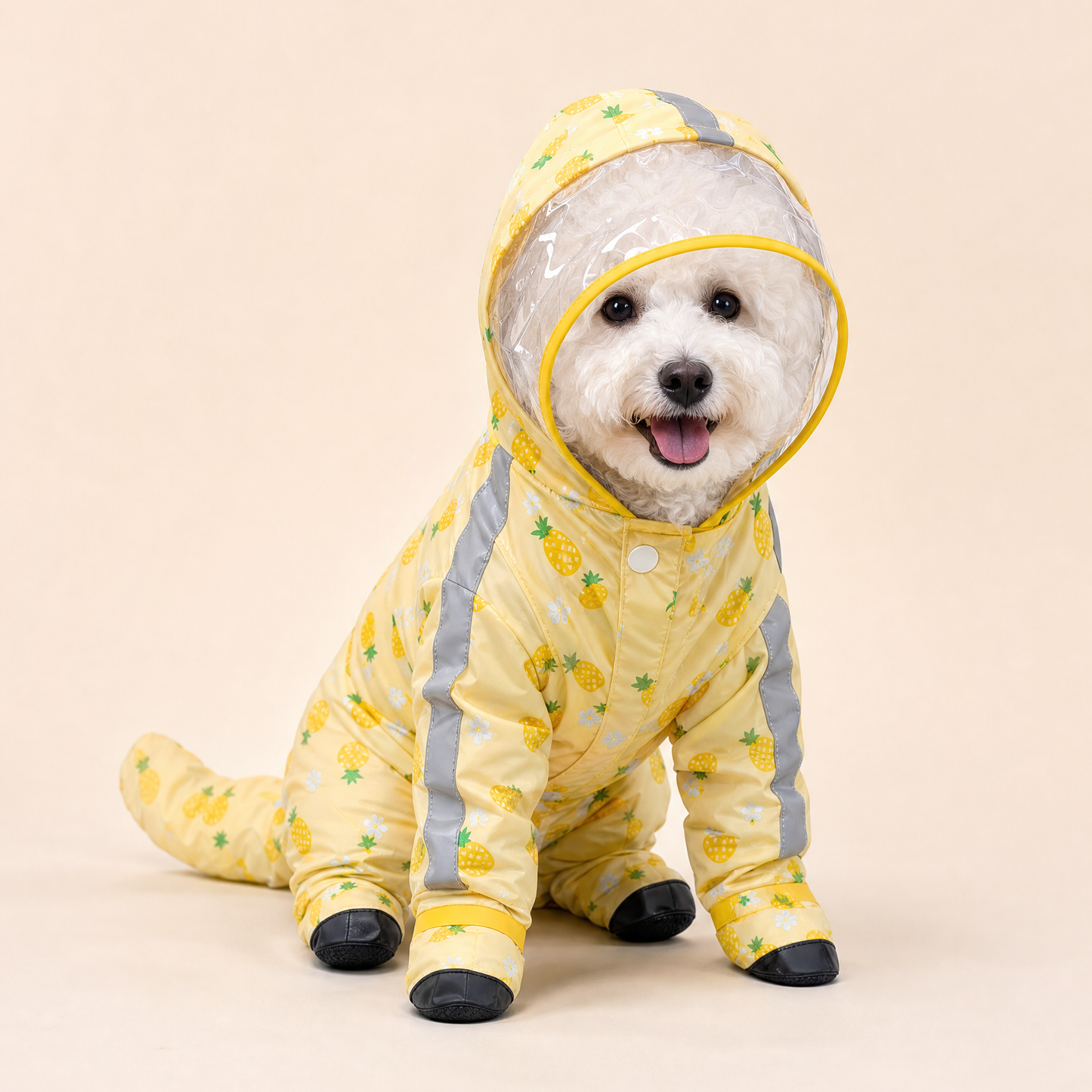 Front view of a small white dog sitting in the pineapple-print raincoat, showing the grey reflective strips down both sides, clear hood and black-soled booties