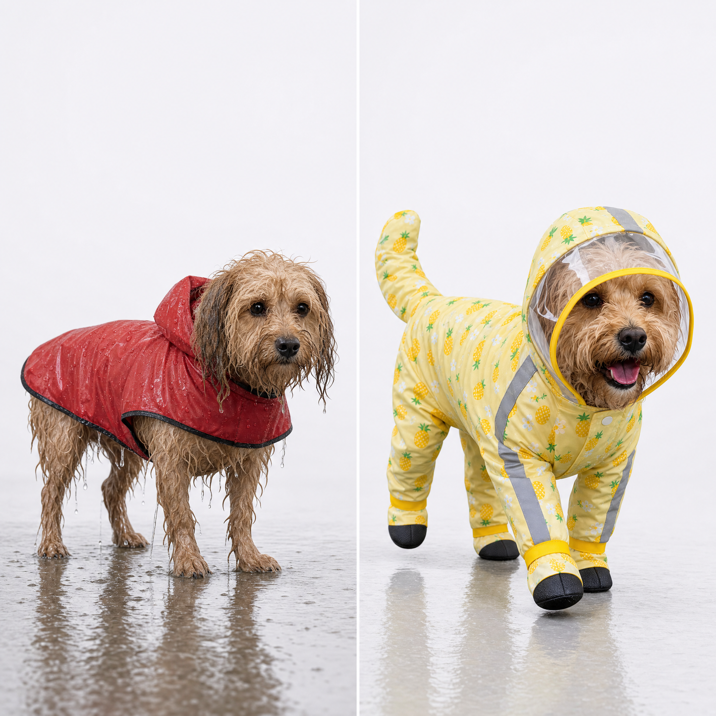 Side-by-side comparison of a soaked muddy dog next to a dry clean dog wearing the pineapple-print raincoat
